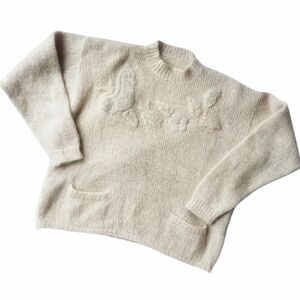 Vtg Italian Made Ivory Mohair Pullover Sweater Embroidery & Pockets Sz M